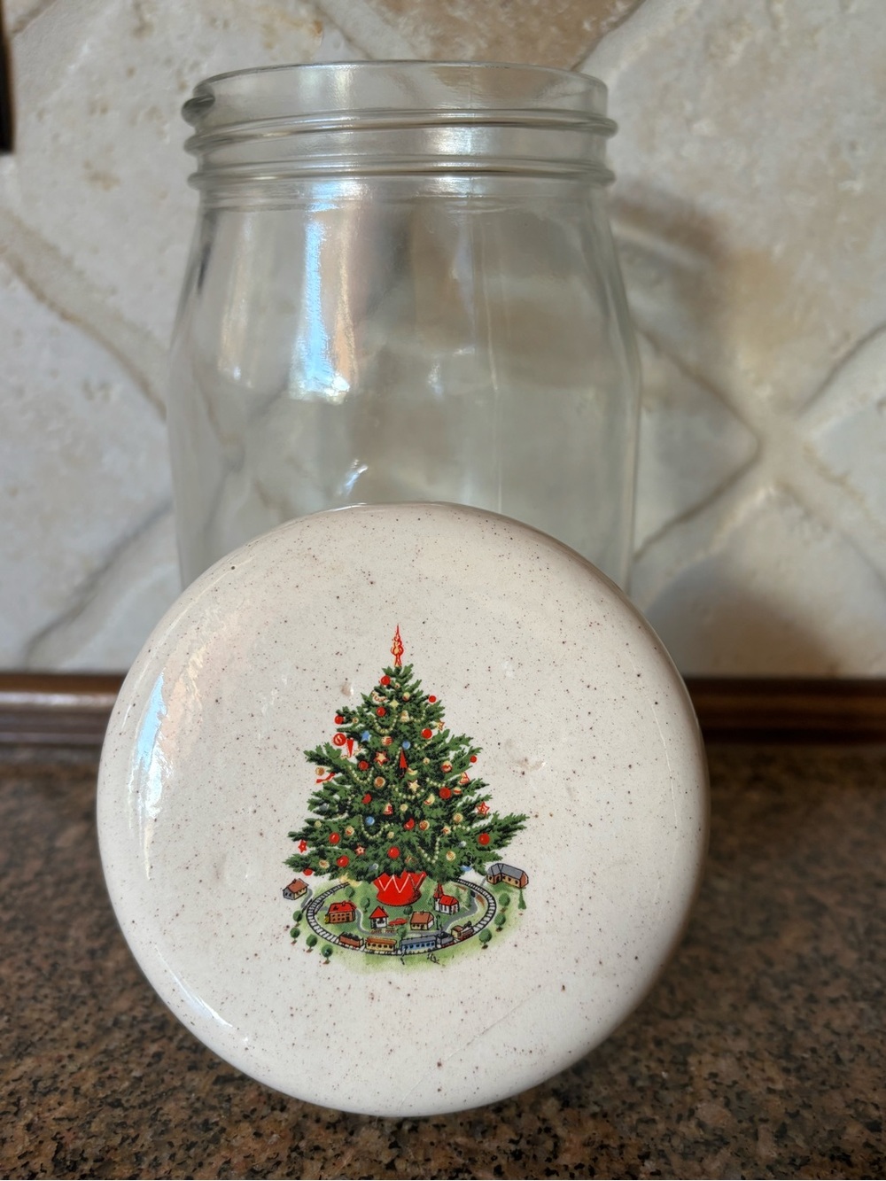 Retro Christmas Tree Train Ceramic Lid with Clear Ball Mason Jar A1 Mold Base